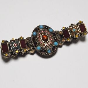 Antique Gold Tone Enamel Floral Motif Panel Stretch Bracelet Turquoise Art Deco